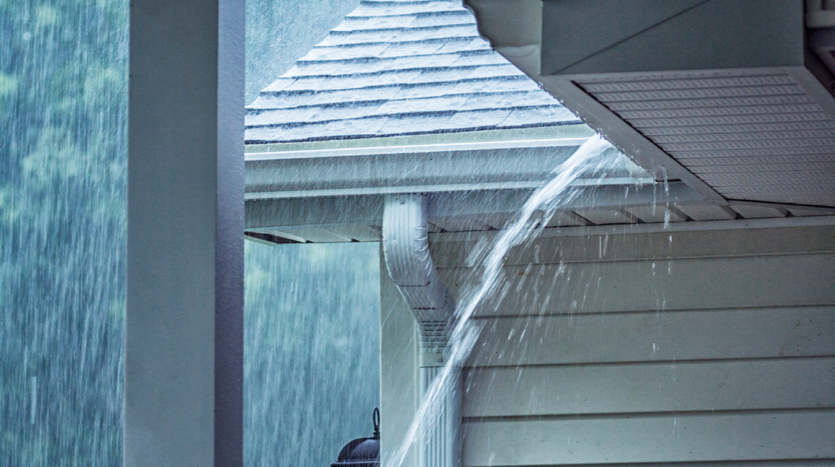 Heavy rain falling on the roof of a modern Phuket villa, emphasizing the lush surroundings and seasonal weather.